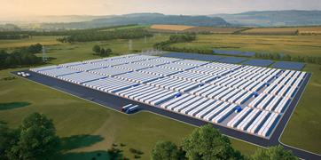 A rendered image of a truck fullfilment center in the middle of framland