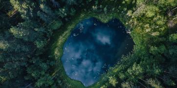 Top down shot of a crystal clear lake in the middle of a forest